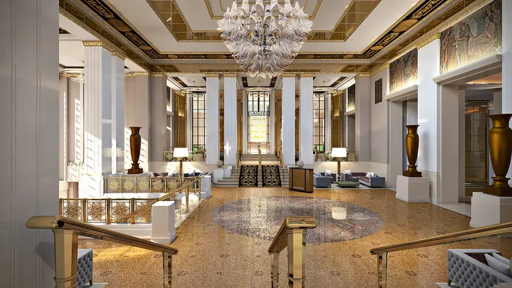 Restored Park Avenue foyer with Louis Rigal mosaic 