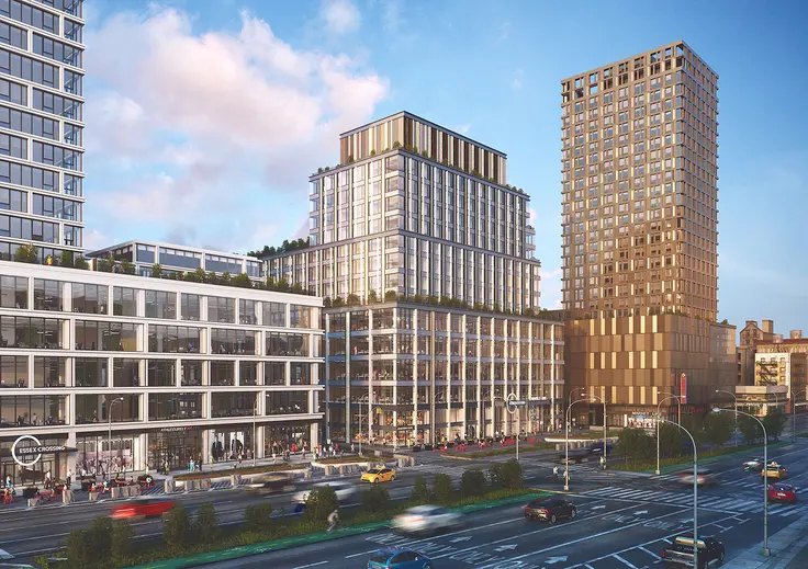 Rendering of 202 Broome Street (center), 180 Broome Street (left), and 115 Delancey Street (right) via Moso Studio