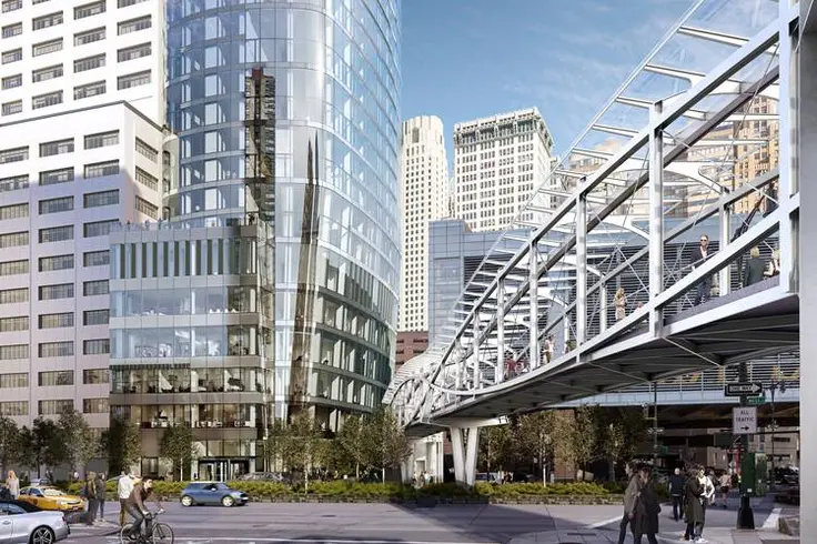 The plaza will lead to a 230-foot-long pedestrian bridge connecting the Financial District to Battery Park City. 