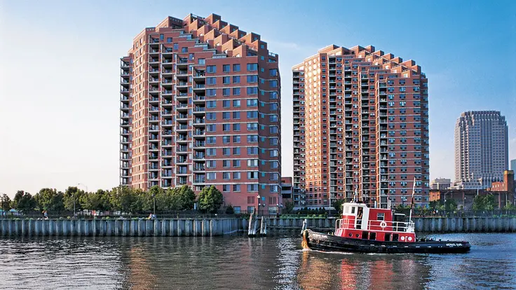 Portside Towers is a luxury waterfront rental community at 155 Washington Street in Jersey City. (Image via Equity Residential)