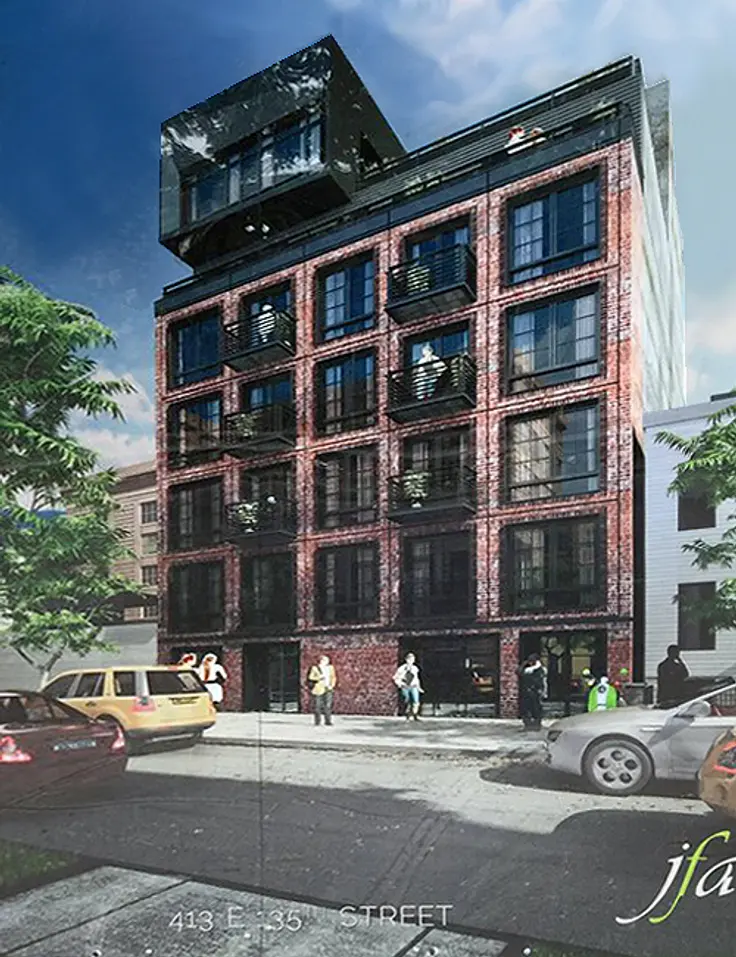 A rendering of 413 East 135th Street posted at the site.