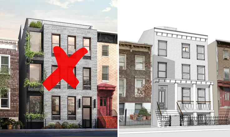 Rejected design (l) and new rendering (r) for 111 Noble Street via MDIM