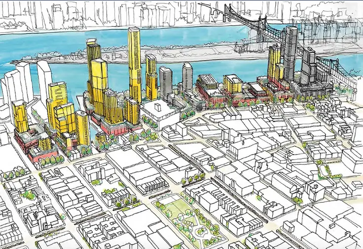 Future Long Island City waterfront from 46th Avenue north to the Queensboro Bridge;  of East NYC Department of CIty Planning