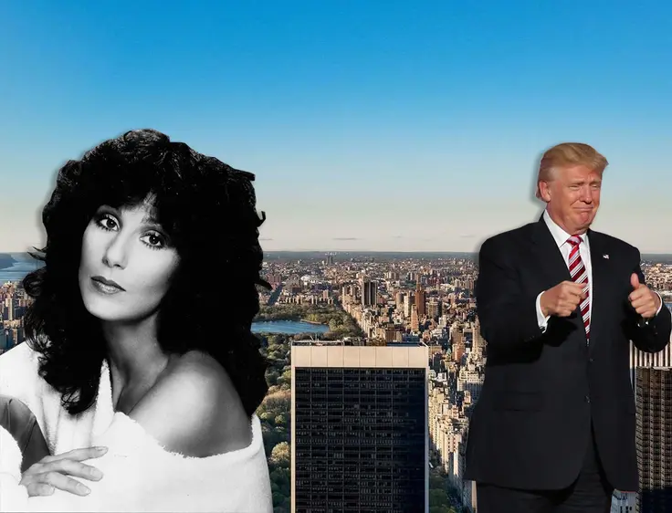 Cher and Donald Trump via Wiki Commons; skyline view via The Corcoran Group