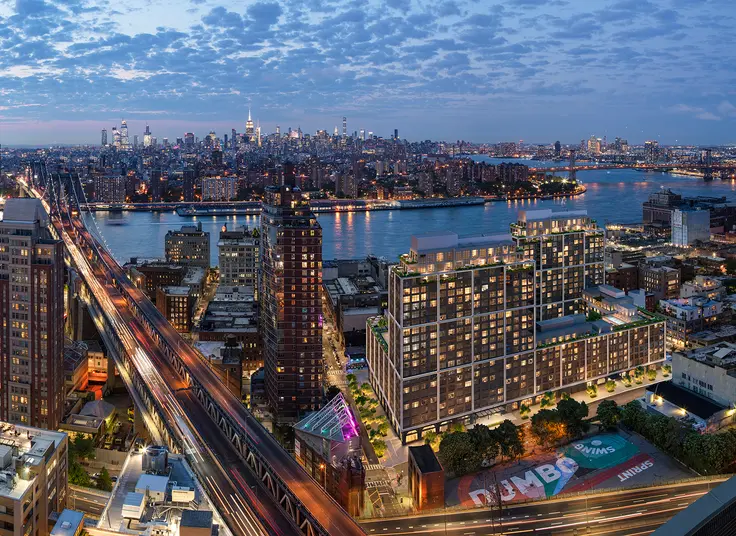 Cropped rendering of Front and York with Manhattan and the East River behind (Credit: Williams New York)
