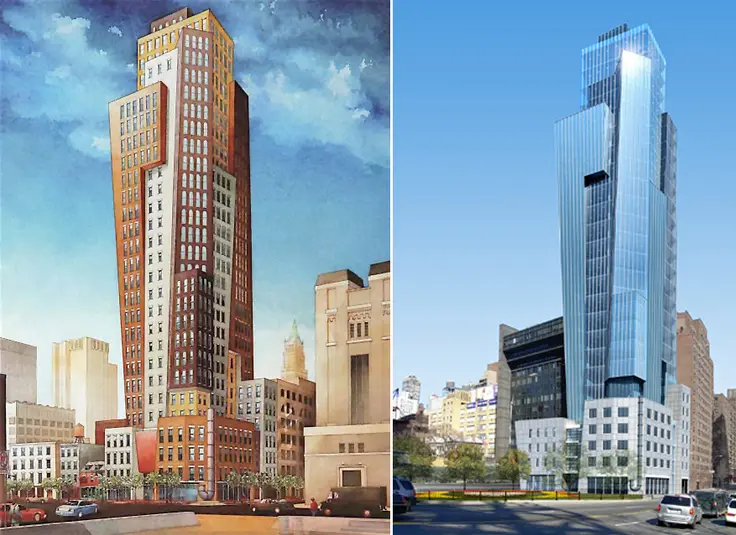 L: Watercolor rendering by Sven Johnson, R: A glassier design for the corner of East 62nd and York Avenue (The Vendome Group)