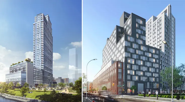 (l-r) Rendering of 65 Private Drive via Cooper Robertson and sister buildings at 37 and 23 West Street by SLCE Architects.