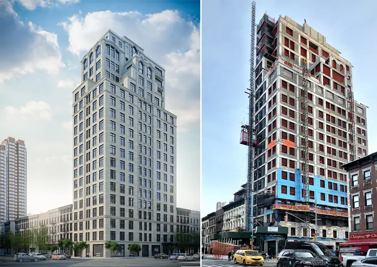 Current Rendering of 301 East 81st Street (Issac|Stern Architects) and construction progress as of early January 2019 (CityRealty)