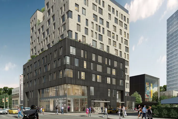 A rendering of Caesura, a mixed-use rental building under construction at 280 Ashland Place in Downtown Brooklyn. (Dattner Architects / Bernheimer Architecture)