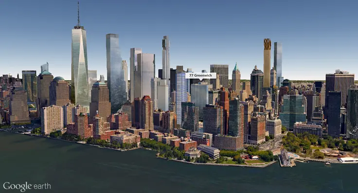 Google Earth view of future lower Manhattan skyline with 77 Greenwich Street (CityRealty)