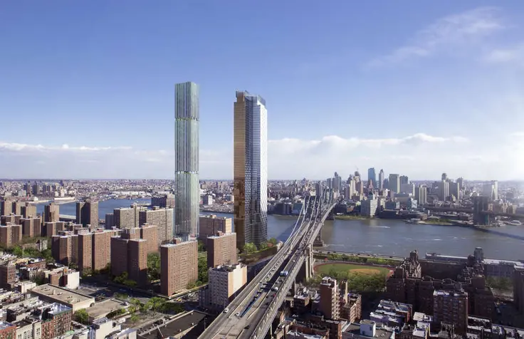 247 Cherry Street and One Manhattan Square, two of five major towers for the LES' Two Bridges neighborhood (Rendering credit: JDS Development)