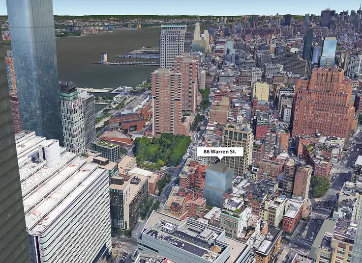 Google Earth aerial showing location and massing of 86 Warren Street (CityRealty)