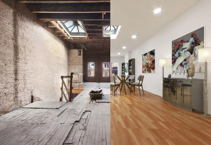 Images showing existing condition and virtual rendering at 410 West 146th Street (via Corcoran Group)