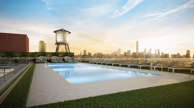 New Long Island City rental 'ARC' has more than 50,000 square feet of amenities, including a Rooftop Pool Club. (Image via Lightstone Group)