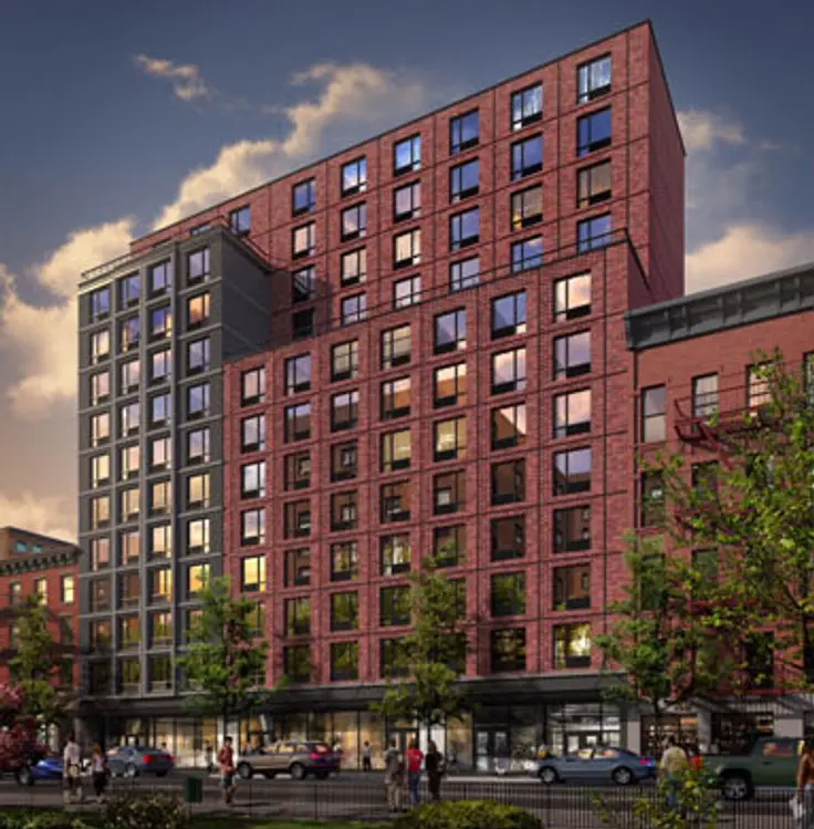 If built, The Frederick would host 75 affordable housing units and a larger, redeveloped Bravo Supermarket. (Image via JCAL)