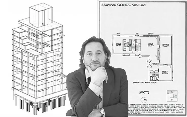 Cary Tamarkin and a rendering and floorplan for his tower, courtesy of The Real Deal