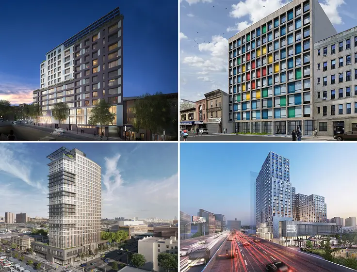 A few of the thousands of affordable units coming to the South Bronx. Clockwise from upper-left: 2050 Grand Concourse, 3401 Third Avenue, Bronx Point, and 425 Grand Concouse