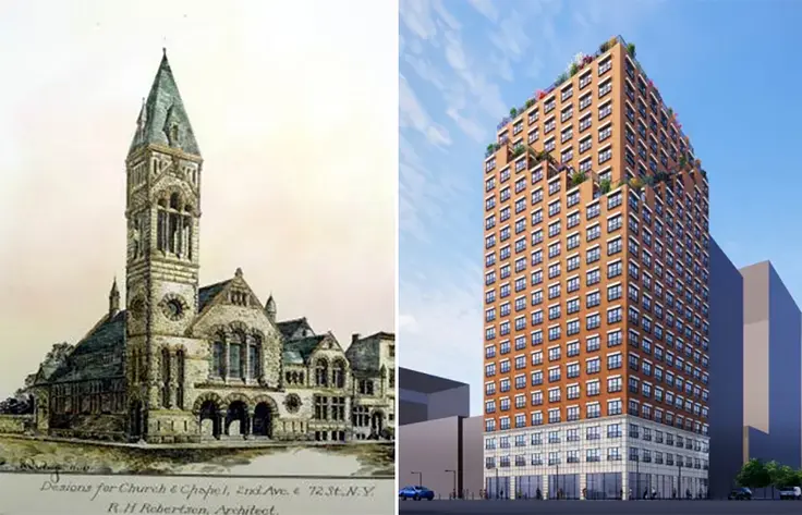 (l-r) Church drawing (The New York Times); rendering of new building (Chetrit Group)