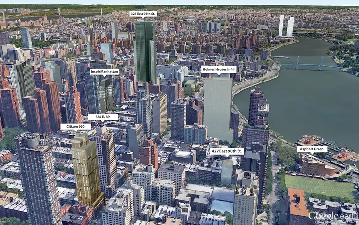 Google Earth aerial showing location of 427 E. 90th and other new Yorkville developments. (CityRealty)