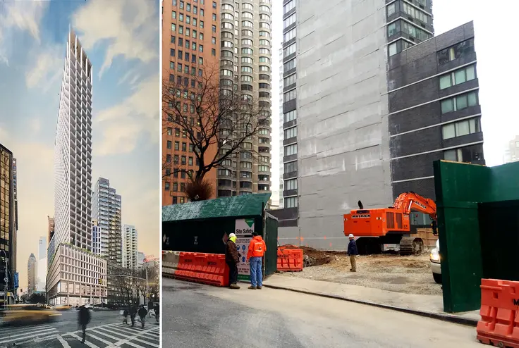 Rendering of SOM's 1865 Broadway and recent construction photo; CityRealty