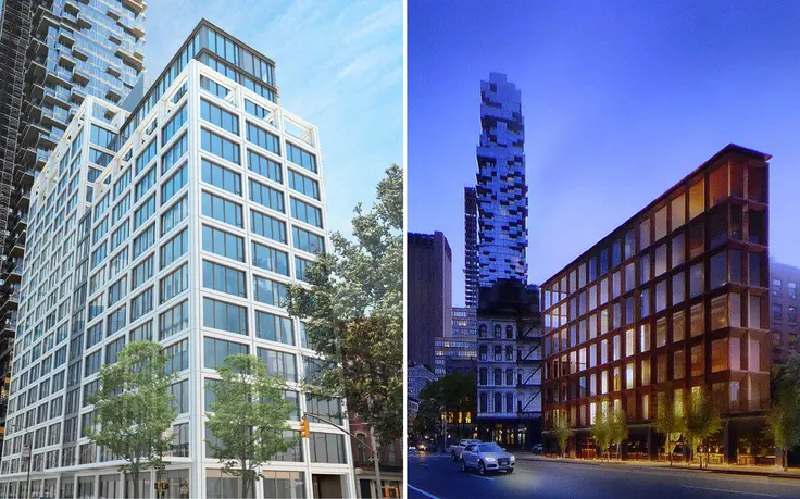 L to R: A reclad 250 Church Street and rendering of 14 White Street via Tribeca Citizen 