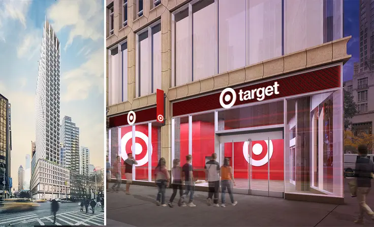 AvalonBay's 1865 Broadway and rendering of a 34,000-SF Target store coming to its podium (AvalonBay Communities / Target)