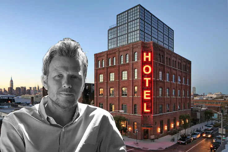 Peter Lawrence and a photo of the Wythe Hotel Image Credits: Matthew Williams, Jimi Billingsley, Mark Mahaney via Wythe Hotel and Morris Adjmi Architects