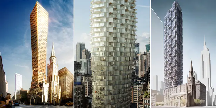 Unbuilt designs for the cleared site at 3 West 29th Street (Credit L to R: FR-EE, Architecture Work, Safdie Architects)
