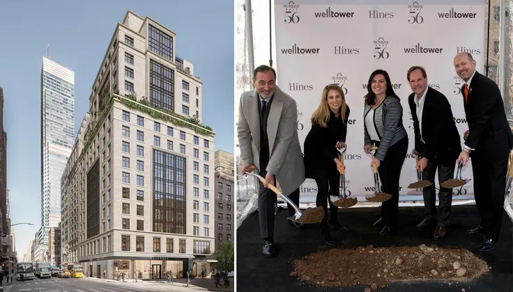 Rendering and groundbreaking photo for Sunrise at East 56th via Hines/Welltower