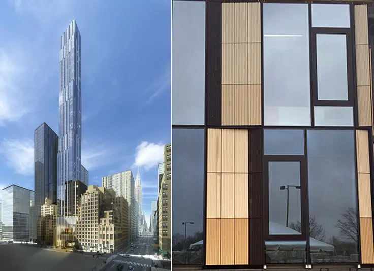 Rendering of Pelli Clarke Pelli's 138 East 50th Street and close-up mock-up of facade system