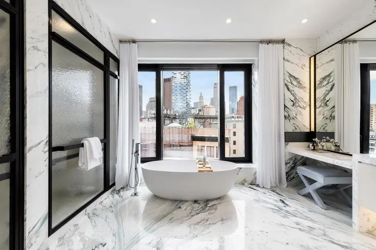 One of two master baths in the penthouse at 11 Beach Street in Tribeca (HFZ Capital)
