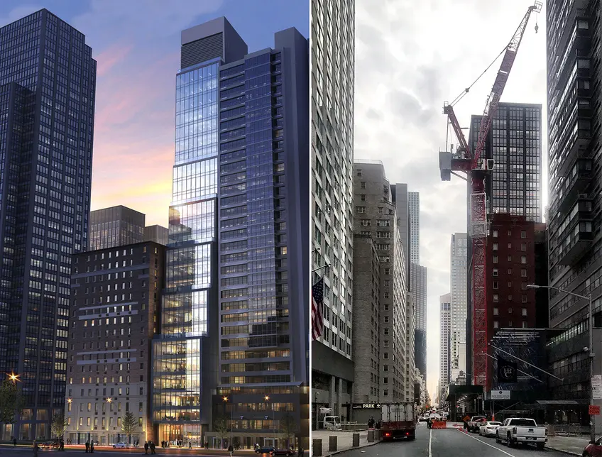 106 West 56th Street rendering (l, The Rinaldi Group) and photo (r, CityRealty)