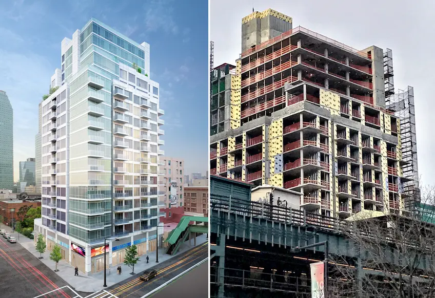 One Queens Plaza rendering (l; Raymond Chan) and construction (r; CityRealty)