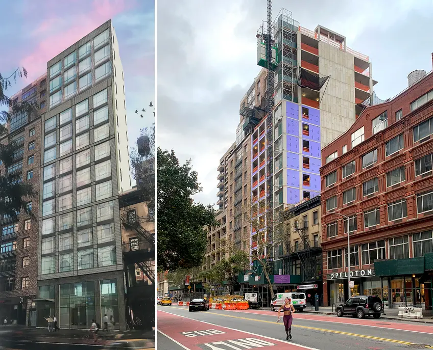 A rendering of the new condo coming together at 128 West 23rd Street and a recent progress photo showing the tower has topped out (Images: Valyrian Capital/CityRealty)
