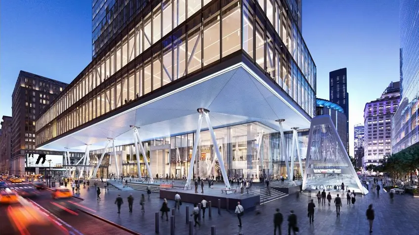 An expanded 2 Penn Plaza and the East Side Gatewway glass canopy (Rendering credit: DBOX via Vornado and MdeAS