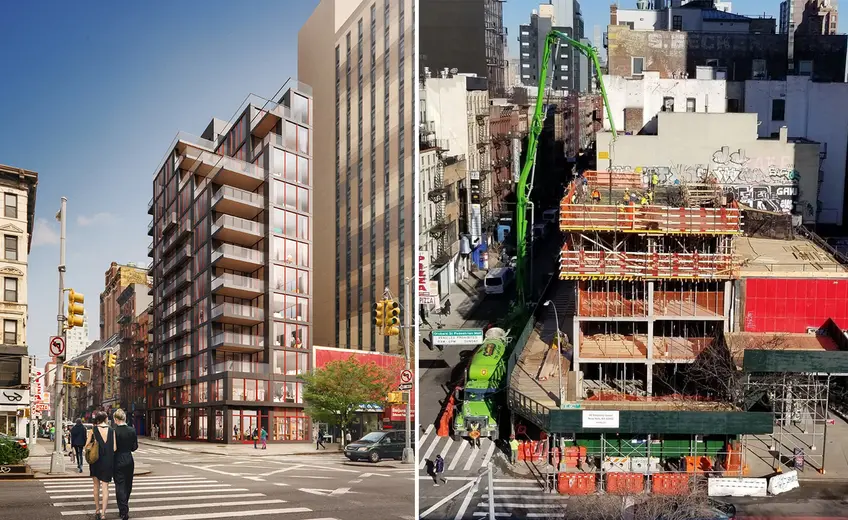 The mixed-use rental building at 86 Delancey Street under construction on the Lower East Side. (Rendering via Gorlin Architects/Construction photo via Promont)