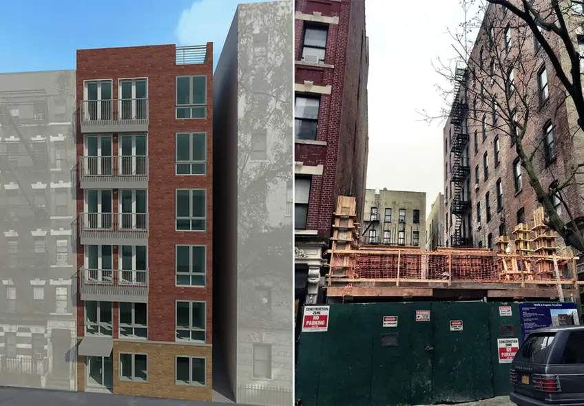 Rendering and recent construction photo of 504 West 141st Street