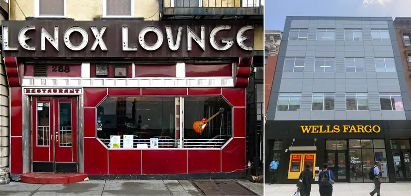 The old Lenox Lounge front and a rendering of its new newly-finished replacement 