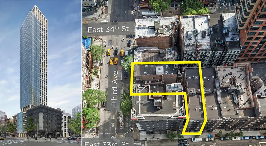 A three parcel assemblage at 493-495 Third Avenue and 203 East 33rd Street may yield a 35-story residential tower. 