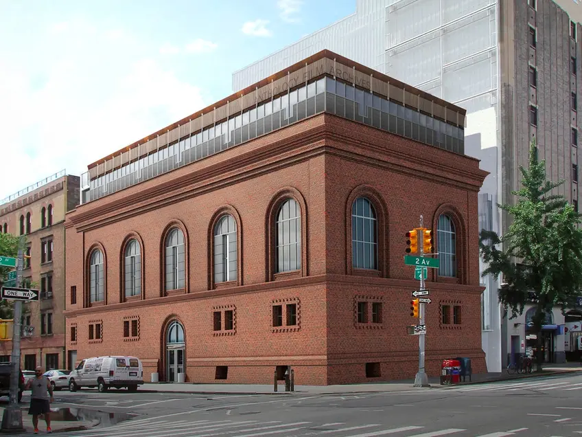 A rendering of the changes to the landmarked builing at 32 Second Avenue. Permits were filed this week to expand the building for a library and cafe. (Image via Bone/Levine Architects)