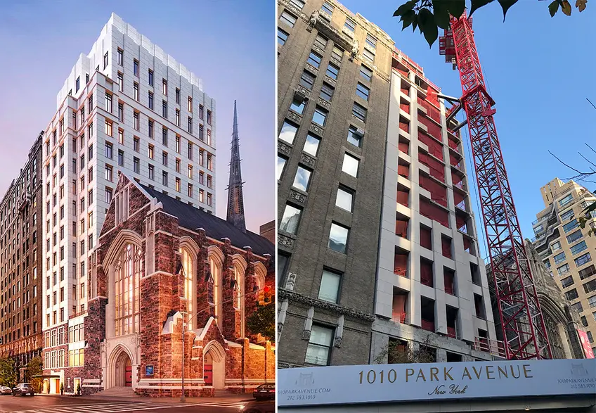 L: 1010 Park Avenue rendering via Extell. R: Construction Photo by CityRealty