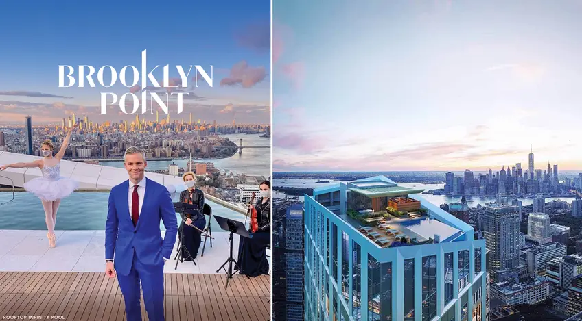 Brooklyn Point with Ryan Serhant atop its infinity pool roof deck. The condo is among numerous new options to purchase in Downtown Brooklyn