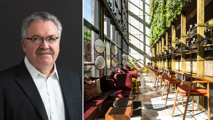 Paul Taylor, president of Stonehill Taylor, and the firm's recently-finished Moxy Chelsea Hotel in the flower district  (All images courtesy of Stonehill Taylor)