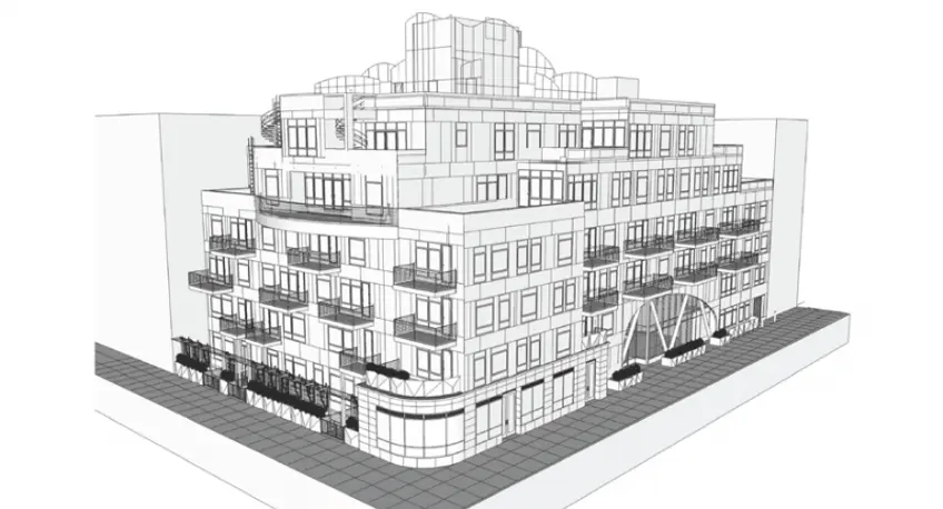 Drawing of 432 Keap Street posted on construction site fence