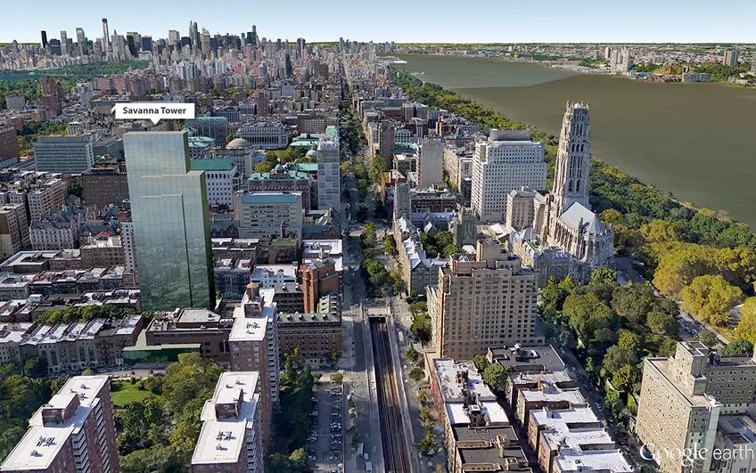 Google earth aerial showing massing of Savanna's Morningside Heights tower (CityRealty)