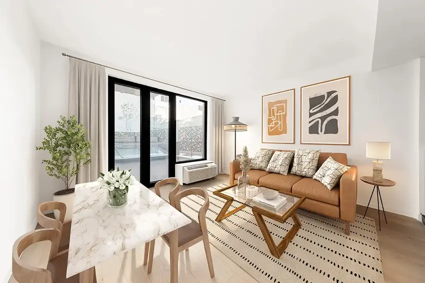 East Harlem condo offers one bed, one and a half baths, private terrace, and 18 months of common charges paid by sponsor (Huxley, #202 - Serhant LLC)