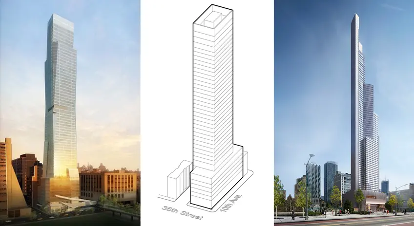 Schematic and shelved designs for sites on Tenth Avenue slated for large mixed-use towers
