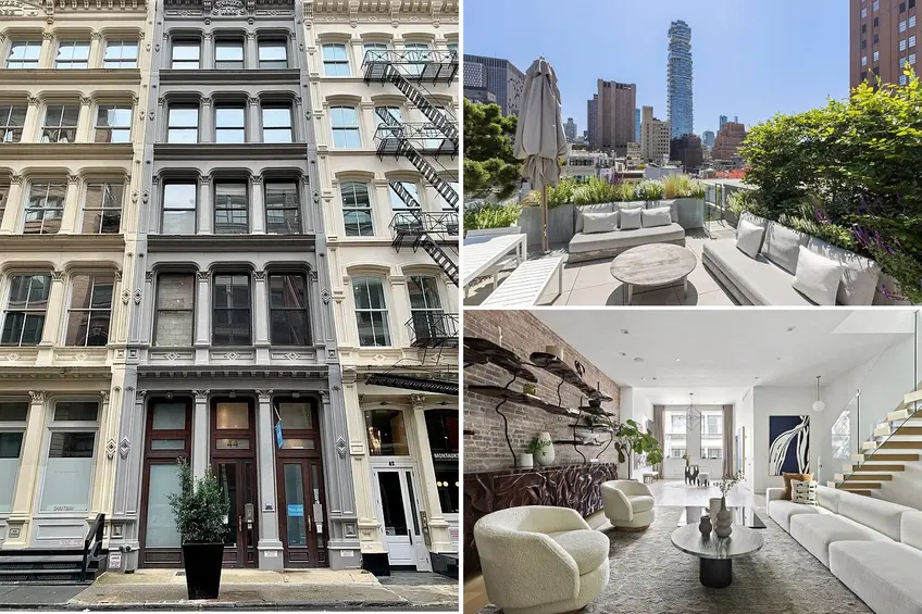 Private terrace at 44 Lispenard Street's penthouse, the past week's top contract, overlooking views of Tribeca (Compass)