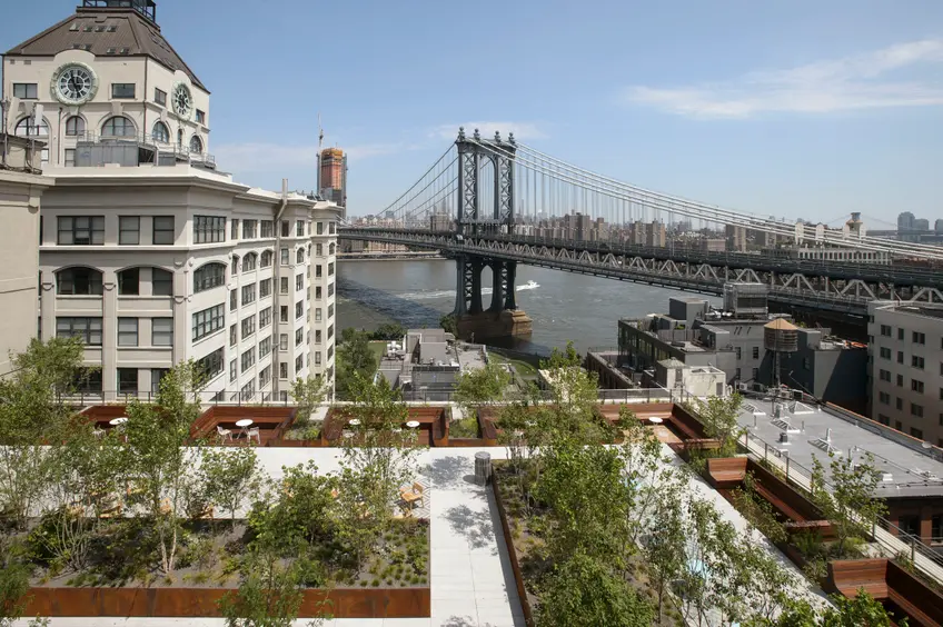 45 Main Street rooftop with views of the East River and Manhattan Bridge (Credit: Two Trees Management / Field Operations)