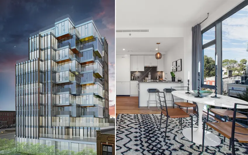 Rendering of 554 Fourth Avenue (l; RoArt) and interiors (r; Douglas Elliman) (CityRealty)